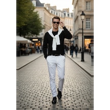 Deepsea Erkek Siyah Rahat Kalıp Çizgi Dokulu Triko Kazak Şık & Modern Tasarım 2605432 Siyah