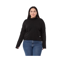 Büyük Beden Kapüşonlu Düşük Kollu Pis Dikişli Üç İplik Siyah Sweatshirt-siyah Siyah