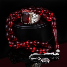 Fkgümüş 925 Ayar Gümüş Kırmızı Sıkma Kehribar Taşlı Yüzük Ve Tesbih Silver