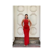 DefyModa Kadın Balıkçı Yaka Balık Kesim Uzun Kollu Abiye Elbise Kırmızı