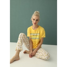 Arcan | Kadın Sarı Penye Baskılı Pijama Takımı Pamuklu Kısa Kollu