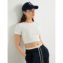 Koton Crop Tişört Kısa Kollu Bisiklet Yaka Fitilli Beyaz 4sak50234ek Beyaz