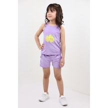 Toontoy Kids Toontoy Kız Bebek 2'li Takım Baskılı Bisiklet Yaka T-shirt & Beli Lastikli Cepli Şort Lila