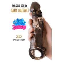Erofoni Jel Dokulu Ucu 5.5 Cm Dolgulu 19 Cm Testislere Geçirmeli Süper Realistik Siyah Uzatmalı Penis Kılıfı
