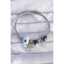 316l Çelik Gümüş Renk Siyah Zirkon Taşlı Yıldız Tasarımlı Ağaç Detay Nazarlı Charm Bileklik - Tj-bb6198 Diğer