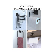 Atacı Güçlü Yapışkanlı Siyah Rulo, Wc, Fönlük Ve Kare Havluluk Banyo Mutfak 4'lü Set Siyah