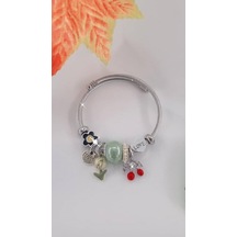 Kadın Charmlı Kiraz Figürlü Çelik Bileklik Yeşil