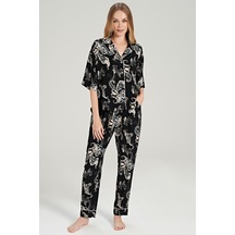 Feyza Kadın Kısa Kol Önden Düğmeli Dokuma Siyah Pijama Takım C0t1n0o5 001