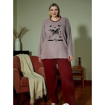 Çizgili Penye Pijama Takımı Bordo Çizgili M Bordo - Beyaz