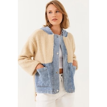 Shade Kadın Kapüşonlu Denim Detaylı Peluş Ceket 60251807 - Bej