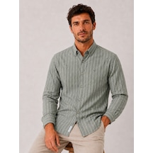 Slim Fit Uzun Kol Çizgili Cepsiz Keten Likra Hediye Kutulu Erkek Gömlek Fs-004579 - Yeşil-3325