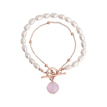 Pembe Taşlı Rose Altın Kaplama İncili Dolamalı Gümüş Bileklik Gümüş - Rose Gold
