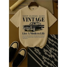 Kozia Outdoors Malkocbey Vintage Araba Baskılı Oversize Basic O Yaka T-şhirt Bej Bej