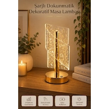 Gold Masa Lambası Spiral Efektli Şarjlı Led Masa Lambası Akrilik Kristal Görünümlü Dekoratif Gece L