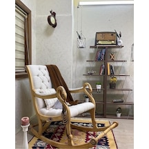 Asedia Vintage Kuğu Naturel Krem El Oyması Ahşap Sallanan Sandalye Dinlenme Koltuğu
