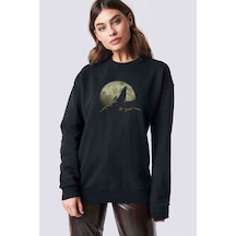 Howling Wolf Moondark Moon Dolunay Kurt Baskılı Siyah Kadın Swea