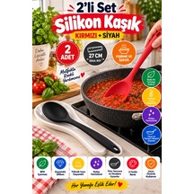 2'li Set Kırmızı Siyah Büyük Boy Silikon Kaşık 27 Cm Mutfak Yemek Pişirme Ve Servis Kaşığı 2 Adetlik