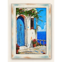 Ahşap Eskitme Yağlı Boya Desenli Sahil Evi Deniz Manzaralı Dekoratif Ahşap Tablo 37x52 Cm