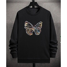 Startmore Siyah Renkli Kelebek Baskılı 0 Yaka Kapşonsuz Pamuklu Sweatshirt Siyah