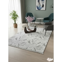 Konak Halı Modern Gri Çizgisel Desenli Emboss Saçaklı Salon Halısı Gri