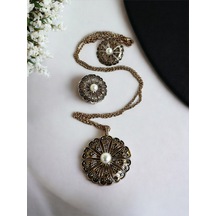 Black Diamond Swarovski Taşlı İnci Çiçek Kolye Ve Küpe Seti Beyaz
