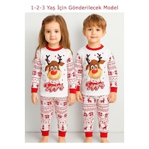 Bilge Trend Yılbaşı , Noel , Yeni Yıl Etnik Desen Geyikli %100 Pamuk Kız Erkek Çocuk Pijama Takım Dar Kalıptır Kırmızı - Beyaz