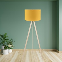 Pratik Ahşap Krem Üç Ayaklı Lambader Sarı Kumaş Silindir Başlık Salon Yatak Odası Köşe Lambası Sarı