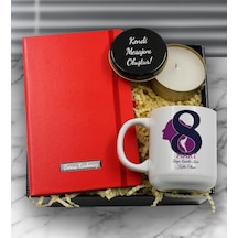 Kişiye Özel Kadınlar Gününe Özel Hediye Seti Kupa & Metal Mum & Kırmızı Defter