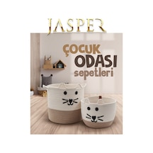 Jasper Bej İkili Jüt İp Kedi Tasarımlı Çok Amaçlı Çocuk Odası Oyuncak Kıyafet Kirli Sepeti Organizer Beyaz