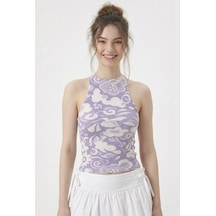 Neden Tekstil Kadın Fitilli Baskılı Halter Yaka Crop Bluz - Ekru-mor