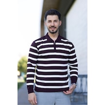 Hk Premium Kazak Fermuarlı Polo Yaka Çizgili Triko Sweatshirt Bordo