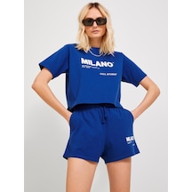 Jjxx Jack Jones Bayan Bisiklet Yaka Baskılı Kadın Tişört 12200326 Mavi