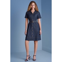 Gömlek Yaka Mavi Jean Elbise Mavi