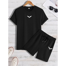 Wings T-shirt Şort - Siyah Alt Üst Kombin Şort Tişört Takım Baskılı Oversize Bisiklet Yaka Siyah