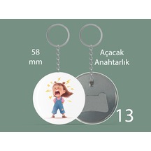 58 Mm Buton Açacaklı Anahtarlık Yuvarlak Baskılı Anahtarlık Sinirli Kız Çok Renkli
