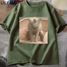 Flood Of Style Komik Kedi T-shirt Erkek Kısa Kollu T-shirt Baskı Tshirt Erkekler İçin Giyim Vintage Giysiler Yeşil