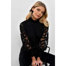 Kadın Siyah Kol Detayı Tül Bluz Siyah