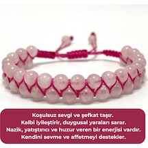 Sertifikalı Pembe Kuvars Çift Sıra Doğal Taş Makrome Bileklik Ayarlanabilir Ölçü Pembe