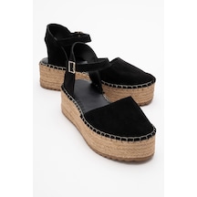 Luvishoes Viba Siyah Süet Hakiki Deri Kadın Hasır Dolgu Taban Sandalet Siyah
