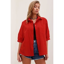 Giyim Dünyası Kadın Overize Kısa Kol Gömlek Kırmızı 001
