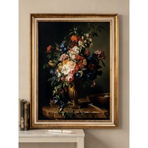 Varaklı Gold Vintage Çerçeveli Yağlı Boya Dokulu Şık Salon Tablosu - Dark Floral Hollanda Altın Çağı Klasik Dekoratif Duvar Tablosu 50x70 Cm / Çerçeveli 60x80 Cm