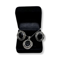 Oya Silver Büyük Işıltılı Markazit Çevrili Kesme Oniks Gümüş Set&takım