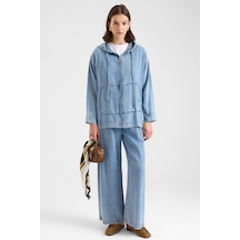 Olcay Fermuar Kapamalı Kapüşonlu Soft Denim Ceket Pantolon İkili Takım Açık Mavi 9402-tk