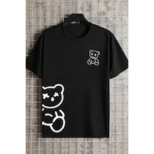 Unisex Draw Bear Baskılı Tasarım Tshirt Siyah