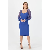 Neşeli Butik Kadın Yeni Sezon Kolları Tül Midi Boy Likralı Elbise Nb10004 Saks