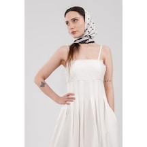 Mayrem May Rem Kadın Siyah Askılı Dantel Detaylı Pileli Midi Boy Prenses Model Abiye Elbise Beyaz