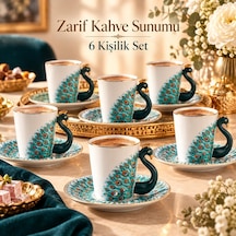 Valkyrie Peacock Serisi 6 Kişilik 12 Parça Tavus Kuşuporselen Türk Kahvesi Fincan Takımı 90ml Yeşil