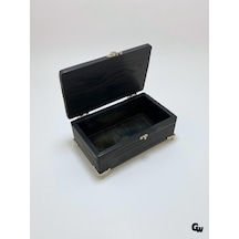 Doğal Ahşap Hareli Takı Kutusu Ahşap Saklama Kutusu Beyaz Çam Antrasit Boy:20cm En:12cm Yük:8cm