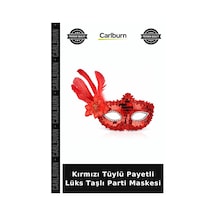 Kırmızı Tüylü Payetli Lüks Taşlı Parti Maskesi Gösterişli Parça Gece Aksesuarı Özel Gün Ürünü "