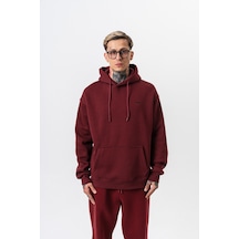 Erkek Respire Yazı Detaylı Kapüşonlu Basic Oversize Hoodie Bordo